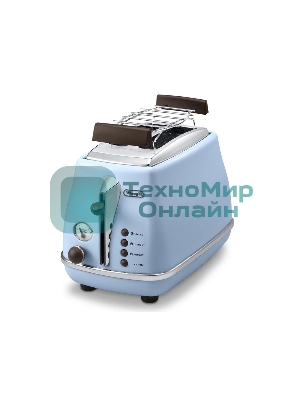Тостер DeLonghi CTOV 2103.AZ, 900 Вт, на 2 тоста, разморозка, обжаривание, решетка для подогрева, поддон, голубой