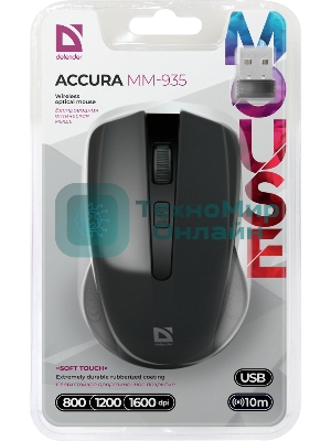 Мышь беспроводная Defender Accura MM-935 черный, 1600 dpi, радиоканал, USB, кнопки - 4