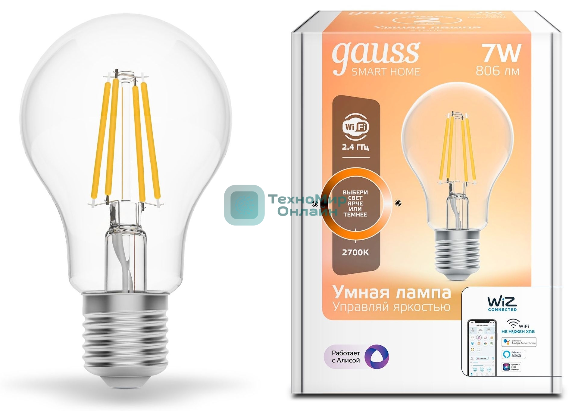 Лампа светодиодная филаментная Gauss Smart Home DIM E27 A60 7 Вт 1/10/40