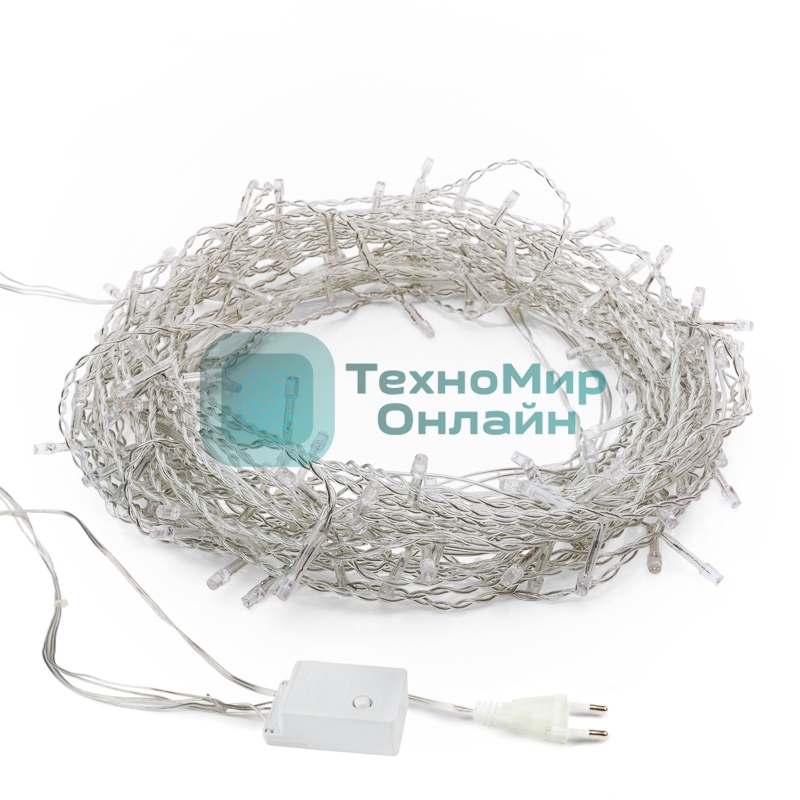 Гирлянда светодиодная универсальная 100 LED БЕЛЫЙ 10 метров, прозрачный ПВХ, с контроллером