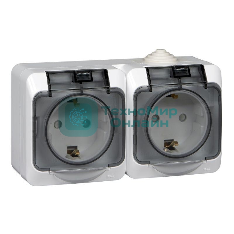 Розетка 2-м ОП Этюд с заземл. защ. шторки IP44 белый SchE PA16-244B