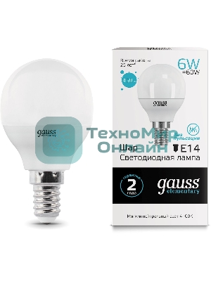 Лампа светодиодная Gauss Elementary 6Вт цок.: E14 шар 220B 4100K св. свеч. бел. ней. (упак.: 10 шт)