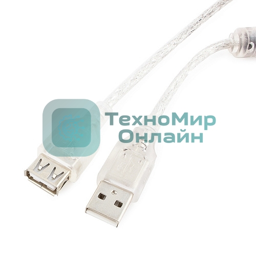 Кабель-удлинитель USB2.0 Pro Cablexpert CCF-USB2-AMAF-TR-0.75M, AM/AF, 0,75м, экран, 2феррит.кольца, прозрачный, пакет