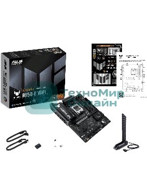 Материнская плата ASUS TUF Gaming B850-E WiFi, AM5, AMD B850, 4xDDR5, 4xSATA, 3xM.2, 1xPCIe 5.0 x16, 1xPCIe 4.0 x16, 1xPCIe x1, 1xDP, 1xHDMI, 2xUSB-C (1x10Gbps, 1x20Gbps), 3xUSB-A 5Gbps, 3xUSB-A 2.0, 1x2.5Gb LAN, Wi-Fi 6E, Bluetooth 5.3, 3x3.5 мм, 7.1, ATX