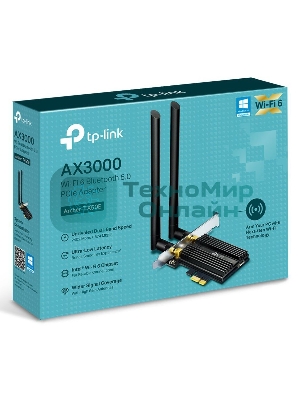 Адаптер Tp-Link ARCHER TX50E 11AX 3000Mbps dual-band PCI-E adapter, 2402Mbps at 5G and 574Mbps at 2.4G, support Bluetooth 5.0, WPA2 encryption, two external Antennas.