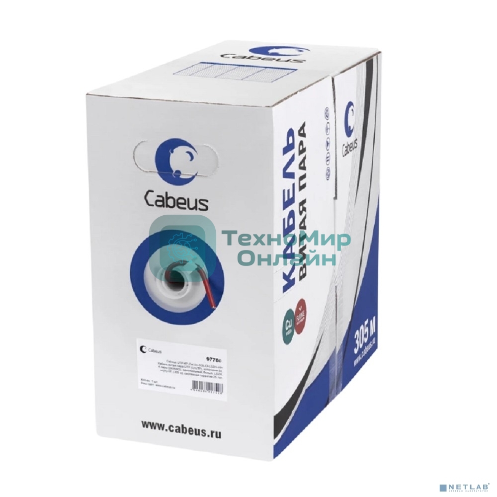 Кабель витая пара UTP (U/UTP) Cabeus UTP-4P-Cat.5e-SOLID-LSZH-RD, категория 5e, 4 пары (24 AWG), одножильный, красный, LSZH, нг(А)-HF, (305 м)