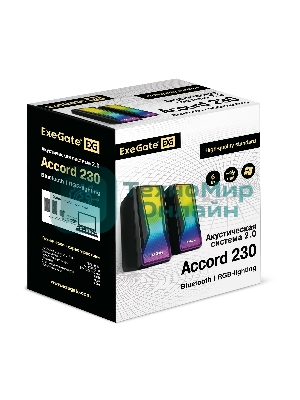 Акустическая система 2.0 ExeGate EX289687RUS Accord 230 (питание USB,Bluetooth, 2х3Вт (6Вт RMS), 60-20000Гц, черный, RGb подсветка)