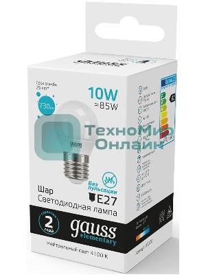 Лампа светодиодная Gauss Elementary 10Вт цок.: E27 шар 220B 4100K св. свеч. белый. нейт. (упак.: 10 шт)