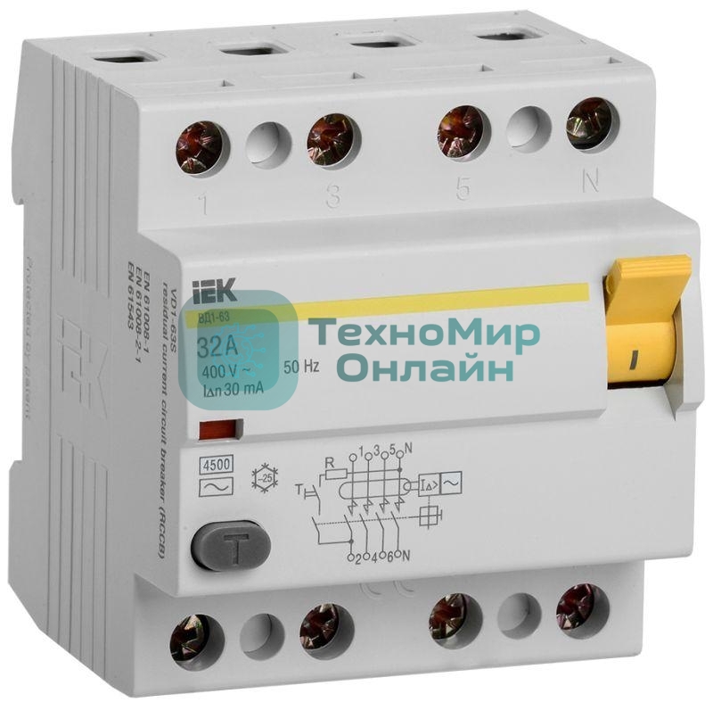 Выключатель дифференциального тока (УЗО) 4п 32А 30мА тип AC ВД1-63 IEK MDV10-4-032-030