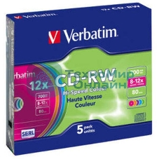 Диск CD-RW Verbatim 700Mb 12x Slim case (5шт) Color (43167)