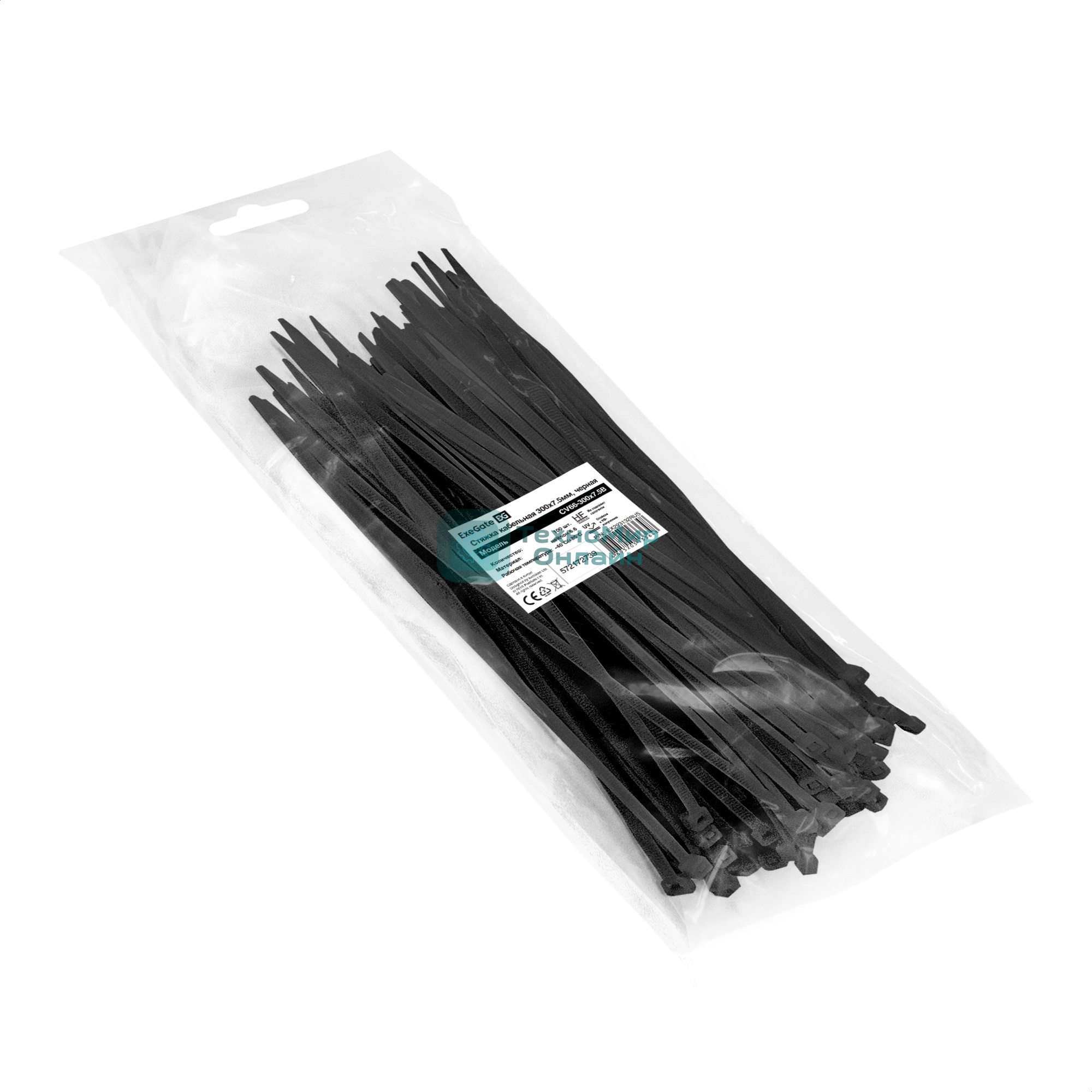 Стяжка (хомут) нейлоновая ExeGate EX293132RUS CV66-300x7.5B (нейлон 6.6, 300x7.5 мм, неоткрывающаяся, halogen free, -40°C - +85°C, черная, 100 шт)