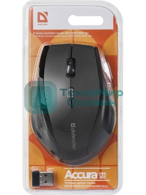 Мышь беспроводная Defender Accura MM-365 черный, 1600 dpi, радиоканал, USB, кнопки - 6
