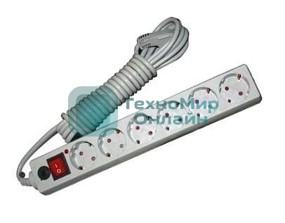 Удлинитель с сетевым фильтром 6х5 м с заземл. 10А IP20 защ. шторки ПВС 3х0.75 серый, UNIVersal 967U-5005