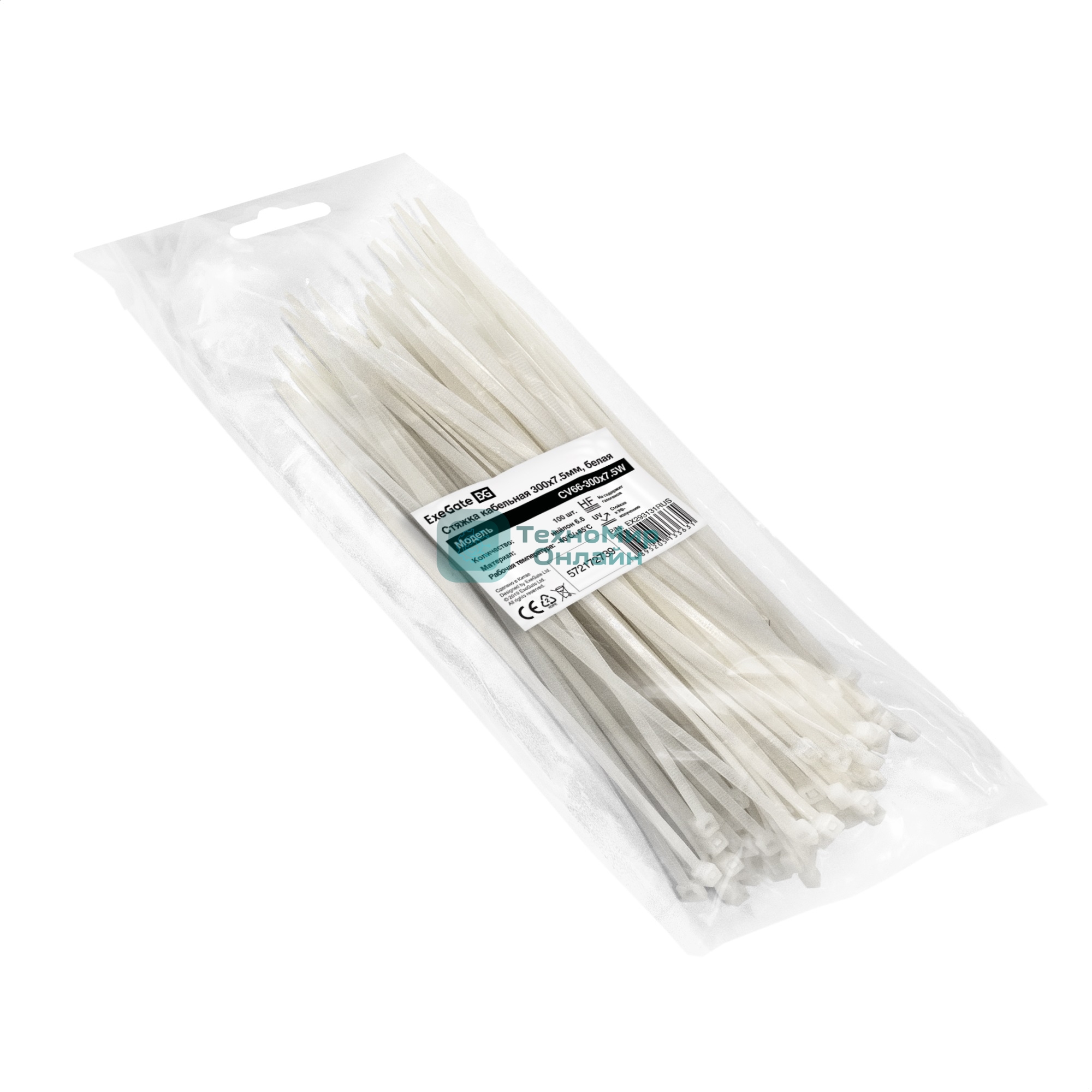 Стяжка (хомут) нейлоновая ExeGate EX293131RUS CV66-300x7.5W (нейлон 6.6, 300x7.5 мм, неоткрывающаяся, halogen free, -40°C - +85°C, белая, 100 шт)