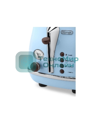 Тостер DeLonghi CTOV 2103.AZ, 900 Вт, на 2 тоста, разморозка, обжаривание, решетка для подогрева, поддон, голубой