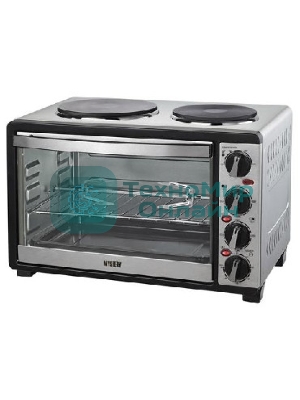 Мини-печь Mystery MOT-3330 (нержавеющая сталь, 1500 Вт, 2 конфорки, гриль, съемный вертел)