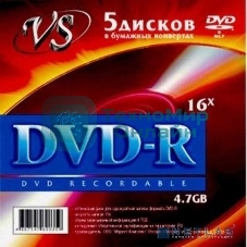 Диск DVD+R VS 4.7 Gb, 16x, Конверт (5), (5/250)