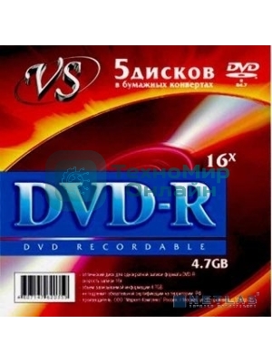 Диск DVD+R VS 4.7 Gb, 16x, Конверт (5), (5/250)