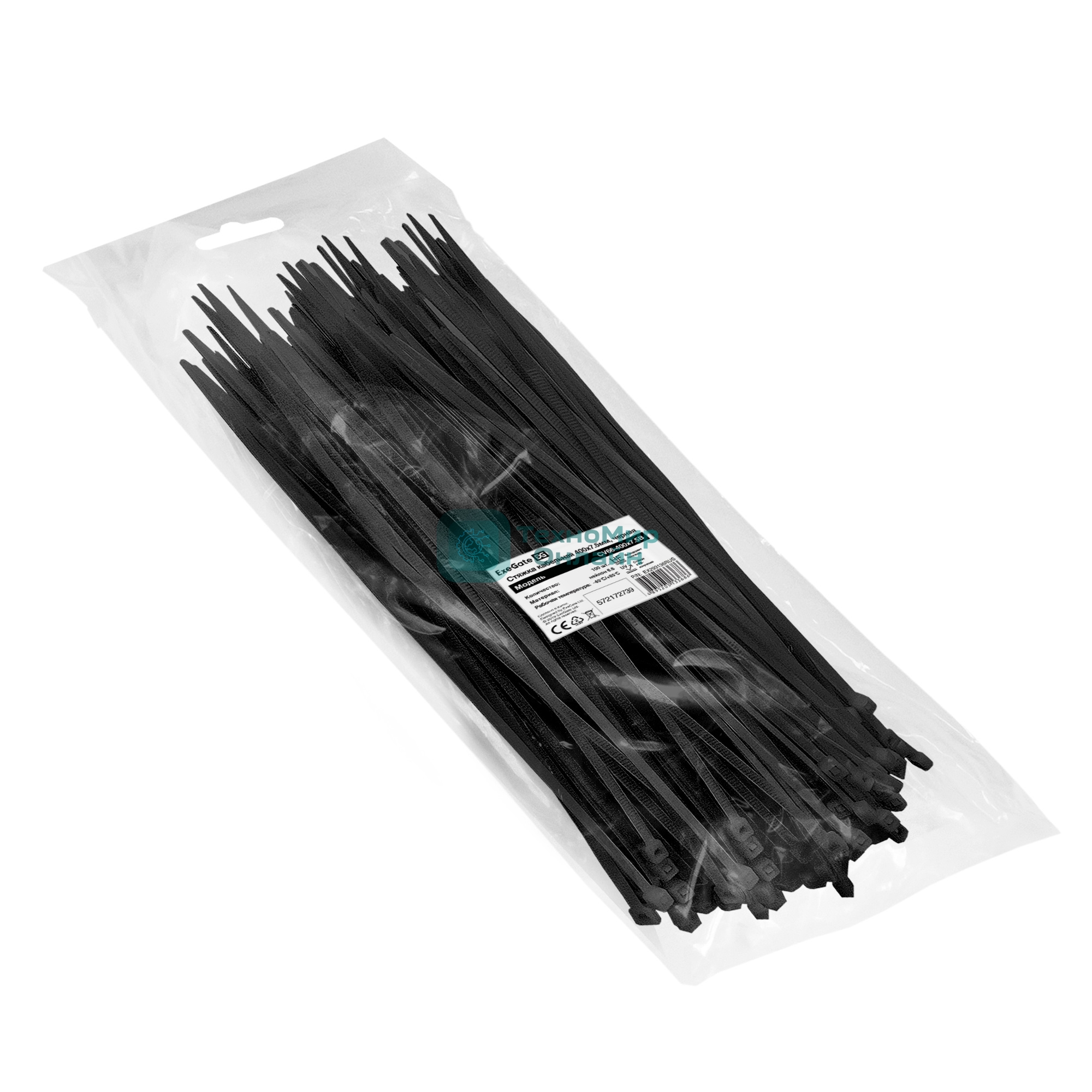 Стяжка (хомут) нейлоновая ExeGate EX293136RUS CV66-400x7.5B (нейлон 6.6, 400x7.5 мм, неоткрывающаяся, halogen free, -40°C - +85°C, черная, 100 шт)