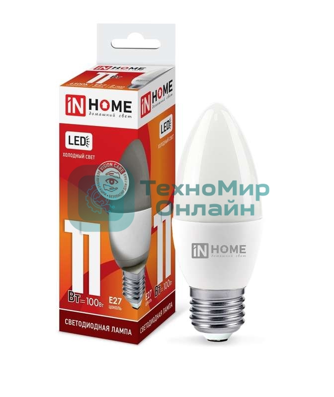 Лампа светодиодная LED-СВЕЧА-VC 11Вт 230В E27 6500К 990лм IN HOME 4690612024868