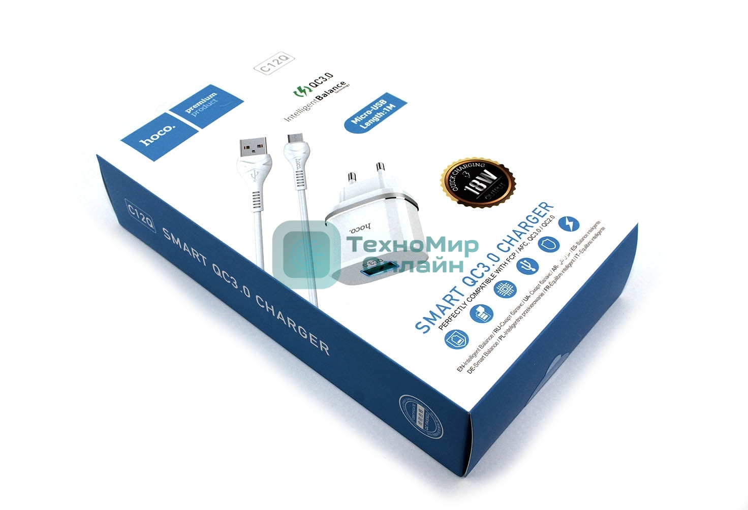 Блок питания (сетевой адаптер) HOCO С12Q Smart QC3.0, кабель Micro USB, USB, 5V, 3.0A, белый