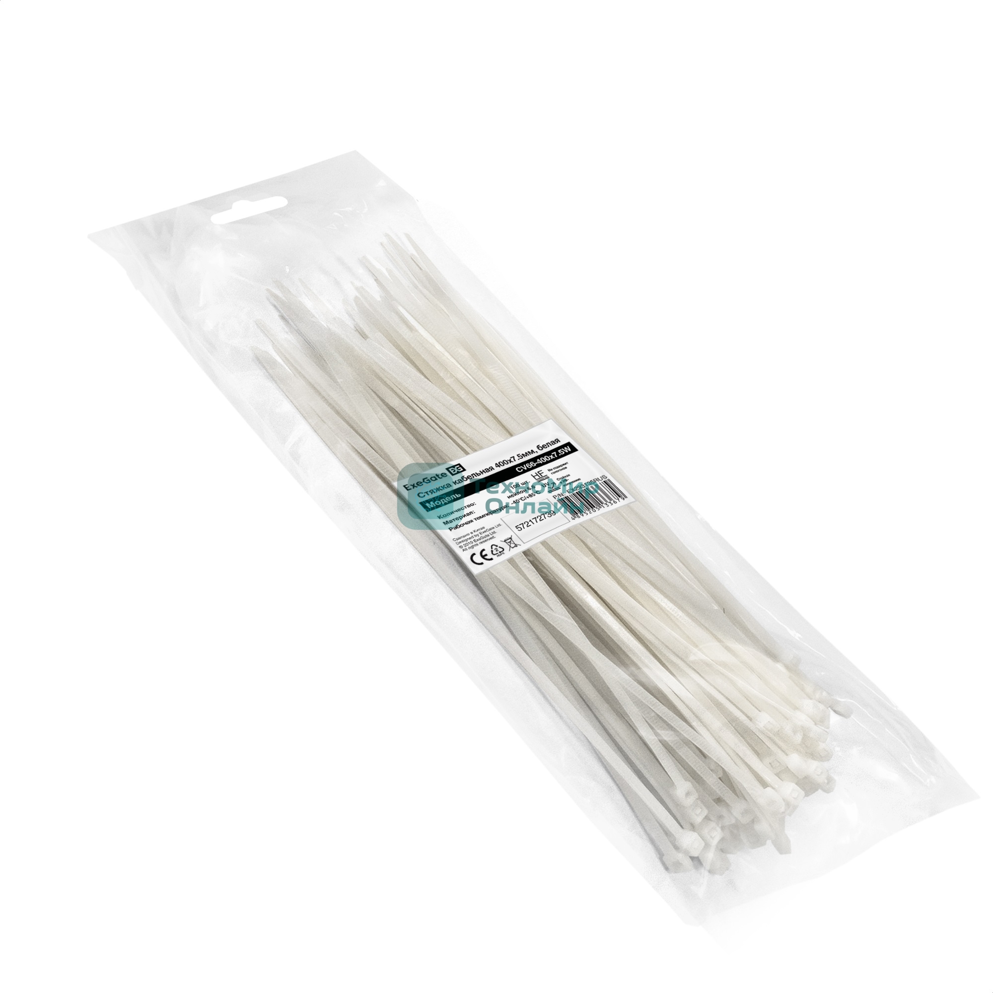 Стяжка (хомут) нейлоновая ExeGate EX293135RUS CV66-400x7.5W (нейлон 6.6, 400x7.5 мм, неоткрывающаяся, halogen free, -40°C - +85°C, белая, 100 шт)