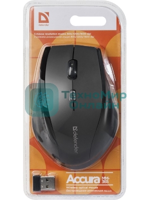 Мышь беспроводная Defender Accura MM-365 черный, 1600 dpi, радиоканал, USB, кнопки - 6