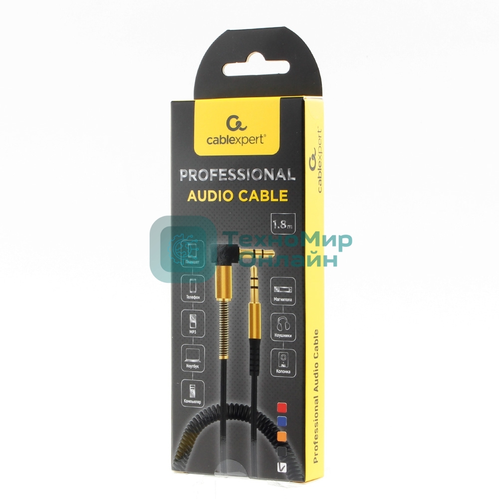 Кабель Cablexpert аудио 90˚ спиральный CCAB-02-35MMLC-1.8MW. 3.5 Jack (M)/3.5 Jack (M), белый, 1.8м, блистер