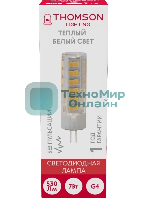 Лампа светодиодная Thomson TH-B4232 7Вт цок.: G4 капсул. 220B 3000K св. свеч. бел. теп. (упак.: 1 шт)