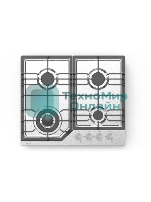 Газовая варочная панель Evelux HEG 638 X Hi-Tech, 60 см, 4 конфорки, WOK-конфорка, чугунные решетки, газ-контроль, электроподжиг, механическое управление, нержавеющая сталь