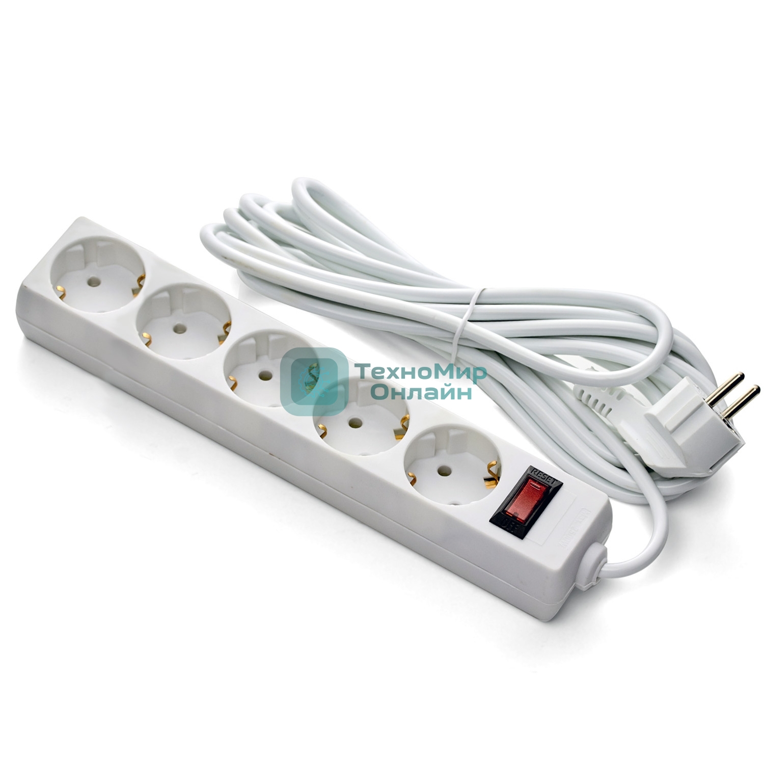 Удлинитель ExeGate EC-5-1.8W (EX279361RUS), белый, 1,8 м, евровилка с заземлением, 5 евророзеток с заземлением, 2200 Вт