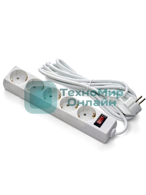 Удлинитель ExeGate EC-5-1.8W (EX279361RUS), белый, 1,8 м, евровилка с заземлением, 5 евророзеток с заземлением, 2200 Вт