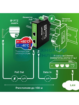 Инжектор PoE Digma DNP30W48GDXM 10/100/1000BASE-T 30Вт 37-57В(DC)