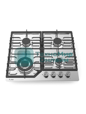 Газовая варочная панель Evelux HEG 638 X Hi-Tech, 60 см, 4 конфорки, WOK-конфорка, чугунные решетки, газ-контроль, электроподжиг, механическое управление, нержавеющая сталь