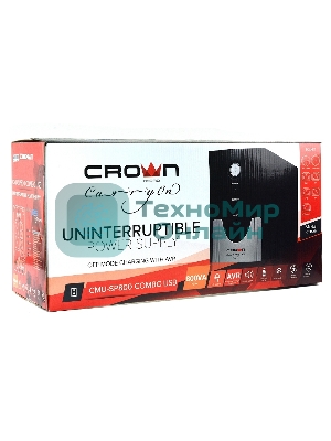 Источник бесперебойного питания CROWN Line Intractive CMU-SP800 COMBO USB 800VA\480W, корпус металл, 1x12V/9AH, розетки 4*IEC + 2*EURO+1*IEC bybass, трансформатор AVR 140-290V, съемный кабель 1.2 м, порт RJ11/45, порт USB, защита: от перегрузки, от КЗ, от скачков напряжения
