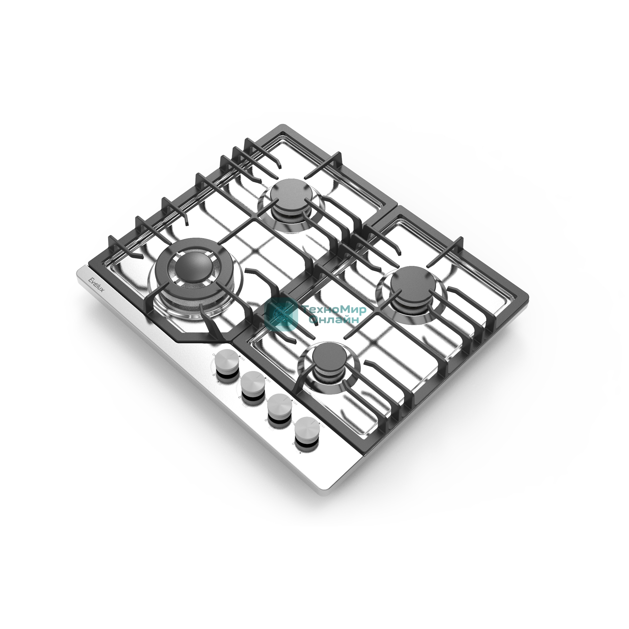 Газовая варочная панель Evelux HEG 638 X Hi-Tech, 60 см, 4 конфорки, WOK-конфорка, чугунные решетки, газ-контроль, электроподжиг, механическое управление, нержавеющая сталь