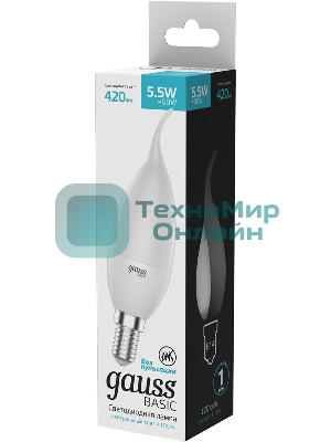 Лампа светодиодная Gauss Basic 1034116 5.5Вт цок.: E14 свеча 180B 3000K св. свеч. белый. теп. (упак.: 10 шт)