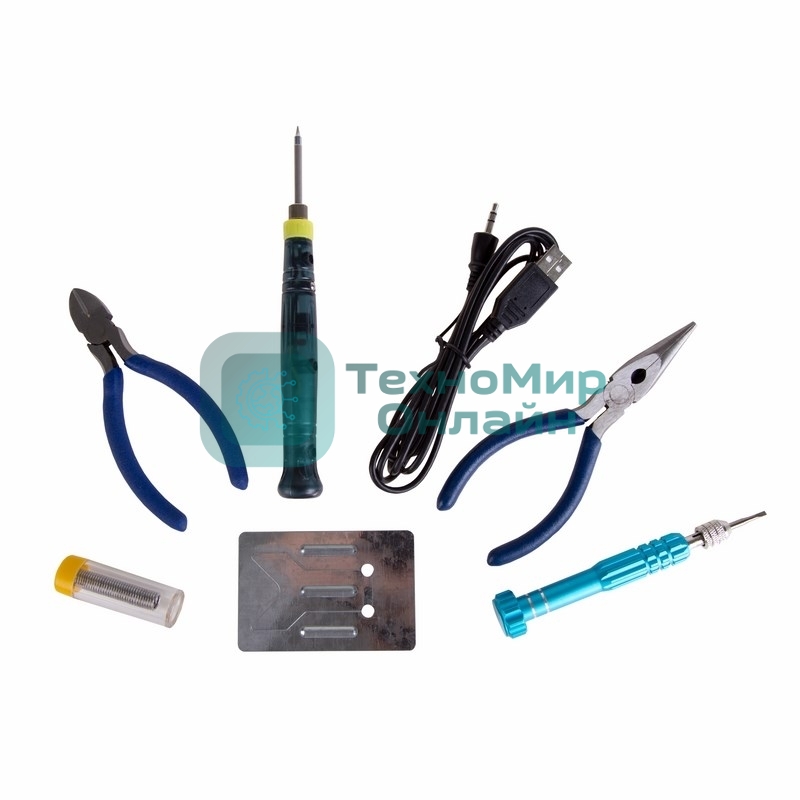Набор для пайки Rexant (USB паяльник 8 Вт, кусачки, тонкогубцы, подставка, припой, отвертка)