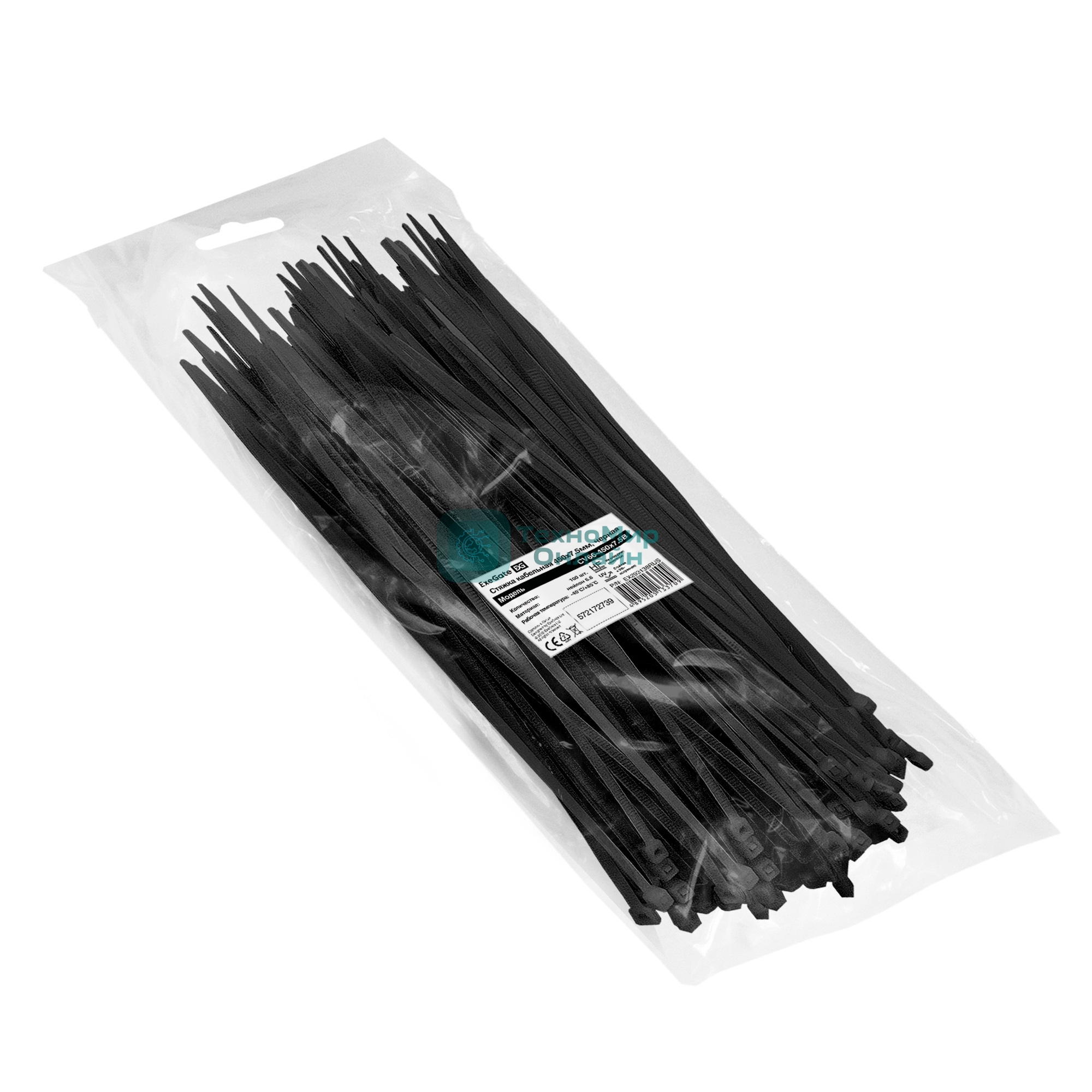 Стяжка (хомут) нейлоновая ExeGate EX293138RUS CV66-450x7.5B (нейлон 6.6, 450x7.5 мм, неоткрывающаяся, halogen free, -40°C - +85°C, черная, 100 шт)