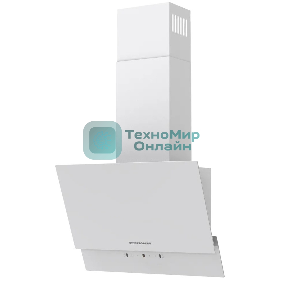 Наклонная вытяжка Kuppersberg F 603 W, 60 см, High-Tech, таймер, макс. производительность 850 м3/ч, 3 скорости, обратный клапан, сенсорное управление, дисплей, LED освещение, уровень шума 53 дБ, белый