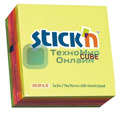 Блок самоклеящийся бумажный Stick`n 21012 76x76 мм, 400 листов, 70 г/м2, неон, 5 цветов в упаковке