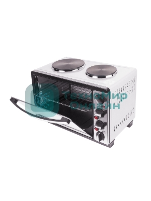 Мини-печь Mystery MOT-3330 (нержавеющая сталь, 1500 Вт, 2 конфорки, гриль, съемный вертел)