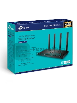 Роутер TP-Link AX1500 Dual-Band Wi-Fi 6 RouterSPEED: 300 Mbps at 2.4 GHz + 1201Mbps at 5 GHzSPEC: 4× Antennas, 1GHz Dual Core CPU, 1× Gigabit WAN Port + 3× Gigabit LAN Ports, 1024-QAM, OFDMAFEATURE: Tether App, WPA3, Access Point Mode, IPv6 Supported, IPTV, Bea