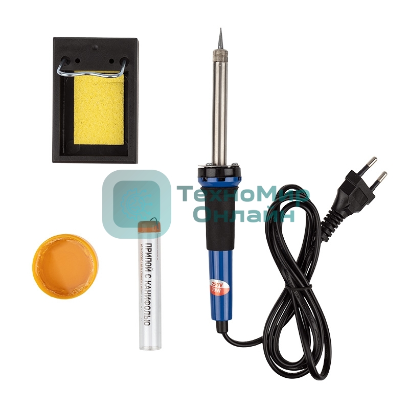 Набор для пайки Rexant №11 (паяльник 30 Вт, подставка, губка для удаления припоя, канифоль, припой)