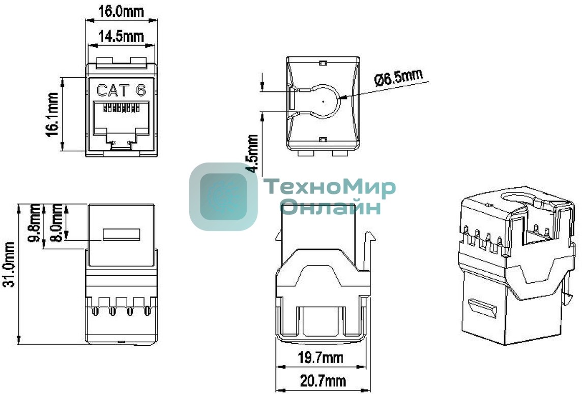 Модуль универсальный Hyperline KJ9, keystone, 1хRJ45, 90°, кат. 6, неэкр., 1 шт, черный