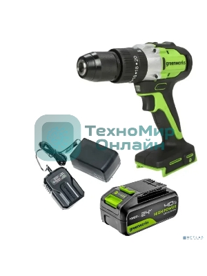 Дрель-шуруповерт ударная аккумуляторная Greenworks GD24DD60 24V, бесщеточная, 30/60Нм,1х4Ач,ЗУ,кор 3704107CUB