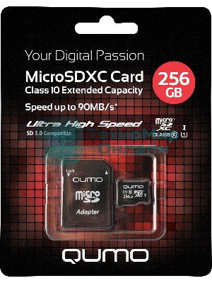 Карта памяти QUMO MicroSDXC 256 GB UHS-I, 3.0 , адаптер в комплекте SD, R/W 90/20 MB/s черно-красная картонная упаковка