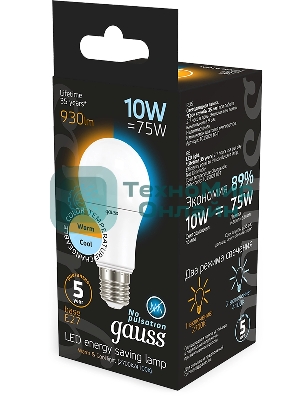 Лампа светодиодная Gauss A60 10Вт цок.: E27 груша 220B св. свеч. белый теп. (упак.: 10 шт)