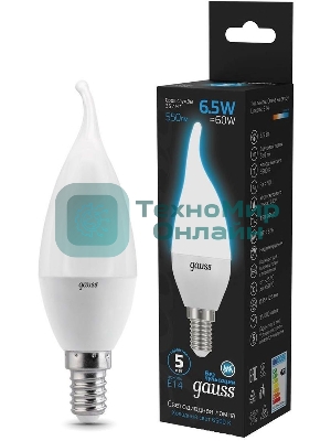 Лампа светодиодная Gauss 104101307 6.5Вт цок.: E14 свеча 220B 6500K св. свеч. бел. хол. (упак.: 10 шт)
