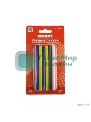 Клеевые стержни Rexant, Ø7 мм, 100 мм, цветные, 12 шт., блистер
